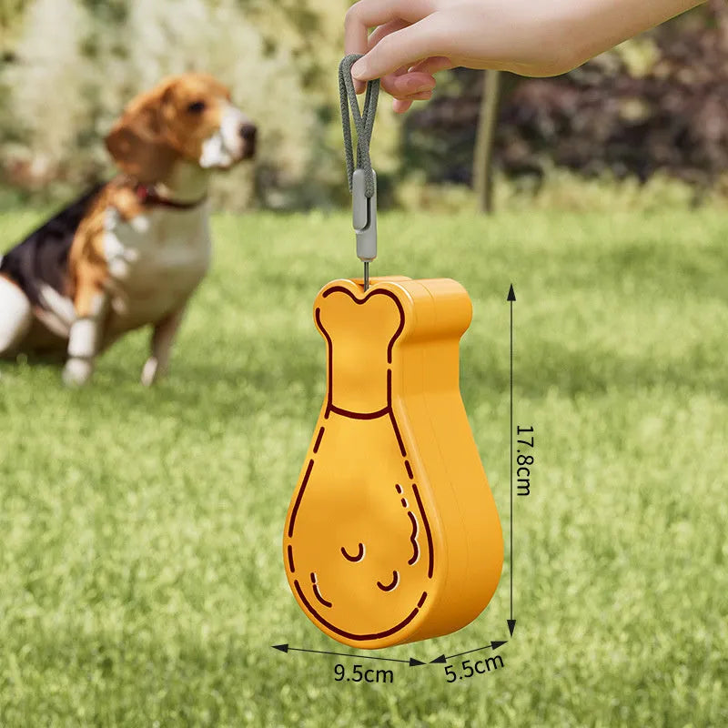 Orange and white portable pet water feeder showing water bottle and treat container compartments