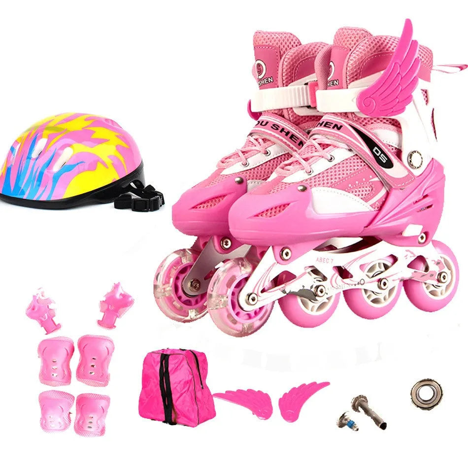 Children's roller skates with PU foam wheels in yellow, red, blue, black or pink, shown with protective helmet and pads.