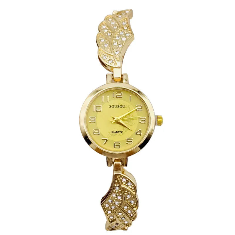 Women's stainless steel watch with round gold surface dial and vachette clasp