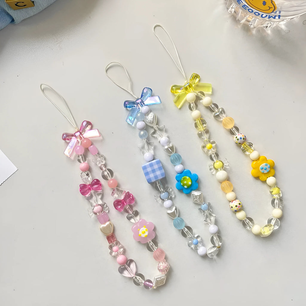 Beaded flower mobile phone lanyard with colourful plastic resin beads on adjustable rope