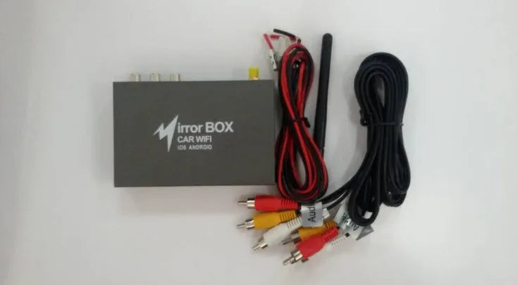 Black car Wi-Fi mirror link box converter unit with power cable, AV cable, antenna, and user manual