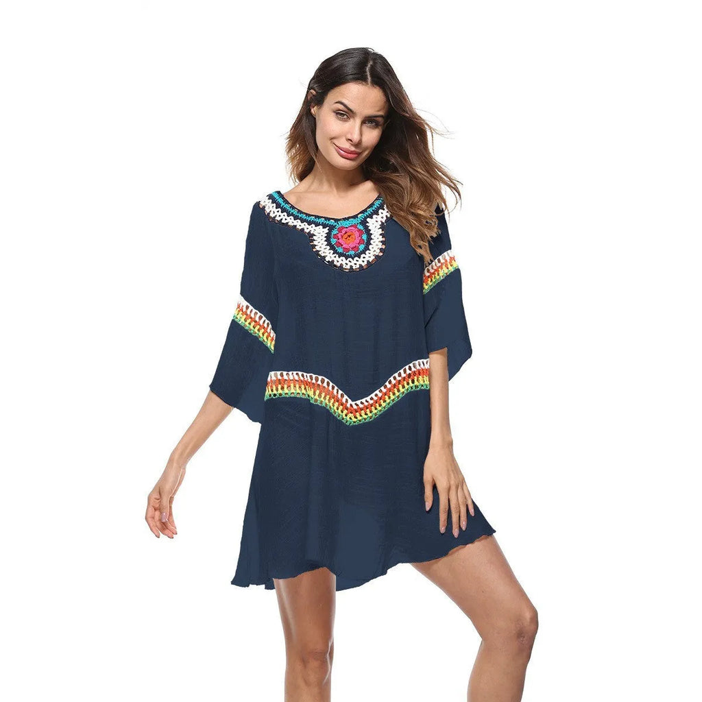 Crocheted ethnic style women's beach clothing in acrylic fabric for sun protection during swimming