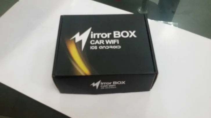 Black car Wi-Fi mirror link box converter unit with power cable, AV cable, antenna, and user manual
