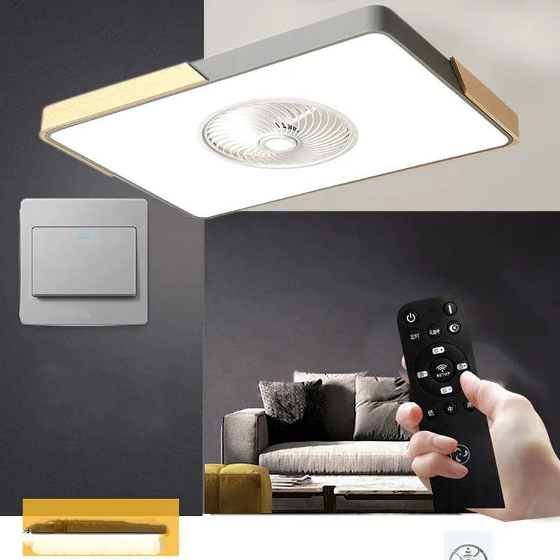 Nordic style wooden ceiling fan with integrated light fixture and PVC lampshade.
