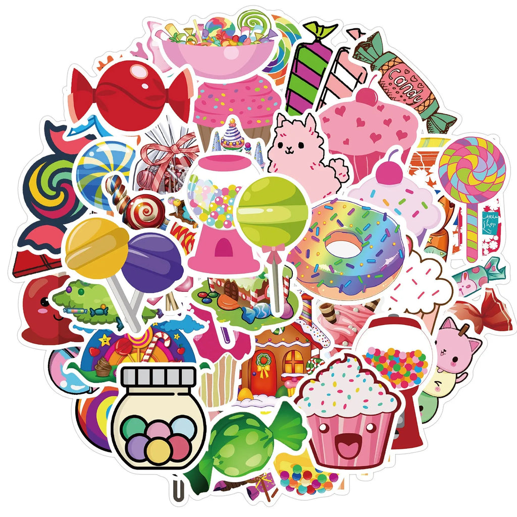 Colourful candy graffiti stickers pack showing 50 cartoon adhesive designs measuring 4-6 cm