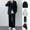 Plus size men's loose fit college style suit set with trousers, white shirt, and tie on a hanger.
