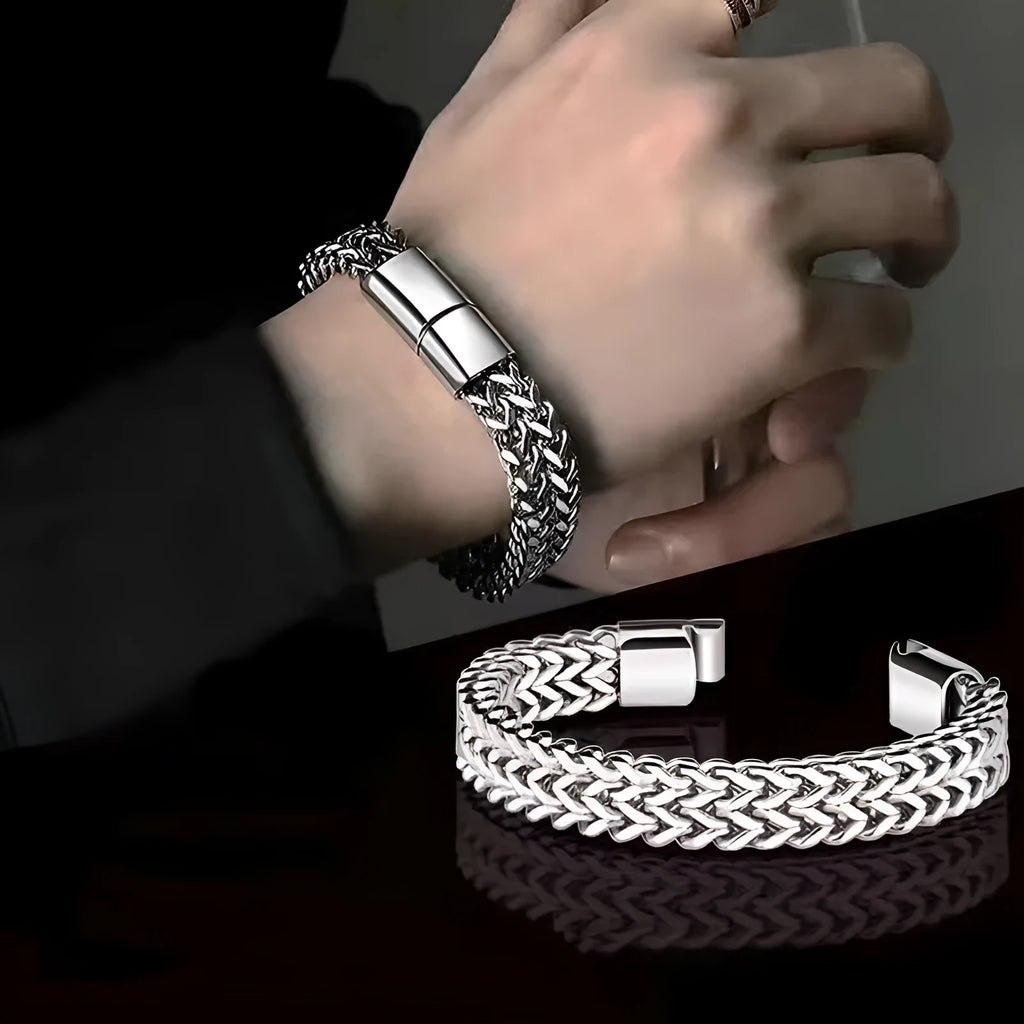 Geometric titanium steel men's bracelet in silver with hip hop styling front and back view