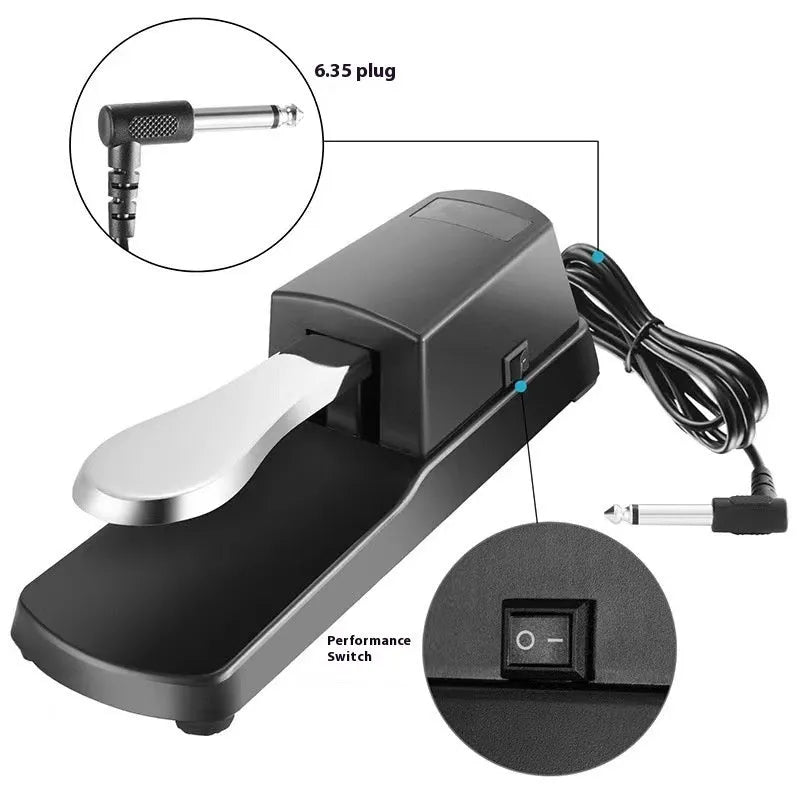 Single sustain pedal for electronic keyboard with ABS plastic construction and 6.35mm jack connection