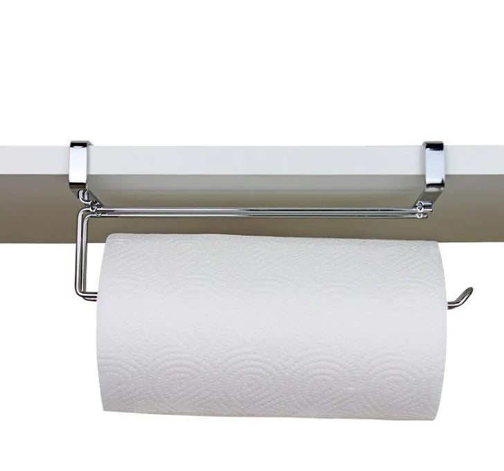 Silver stainless steel cabinet door hanging rack for paper towels, shown from the side.