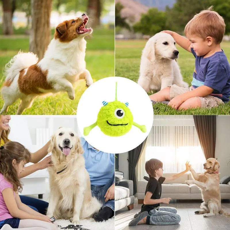 Green interactive sound dog teething ball toy approximately 12cm diameter made from plush and TPR materials