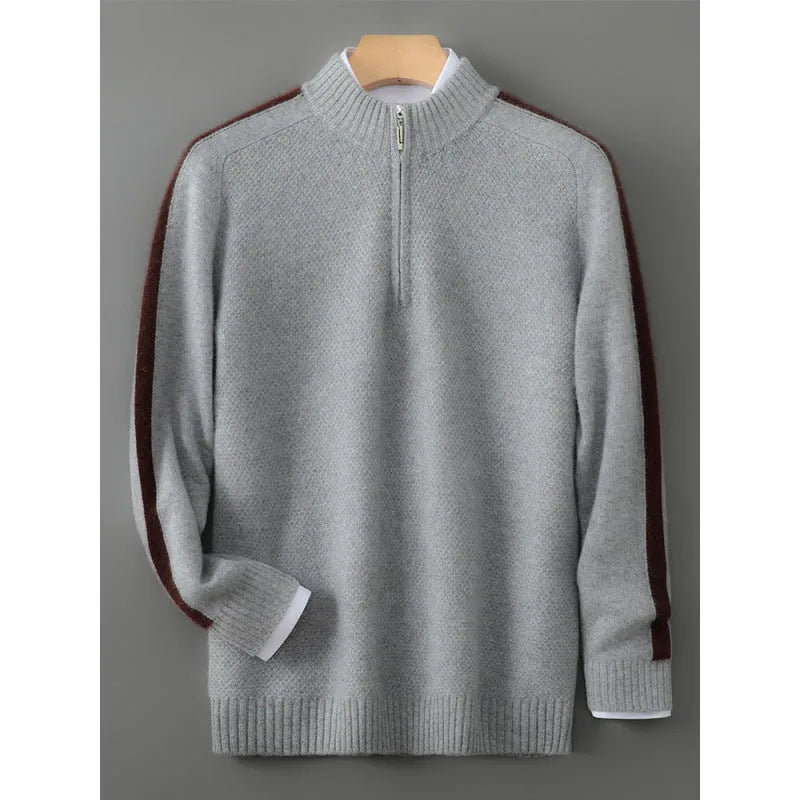 Slim fit sheep wool knitted sweater with half zip and round neck in camel colour