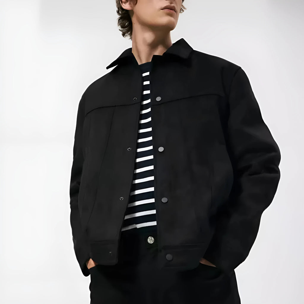 Black men's hooded casual jacket with a textured suede collar and side pockets.