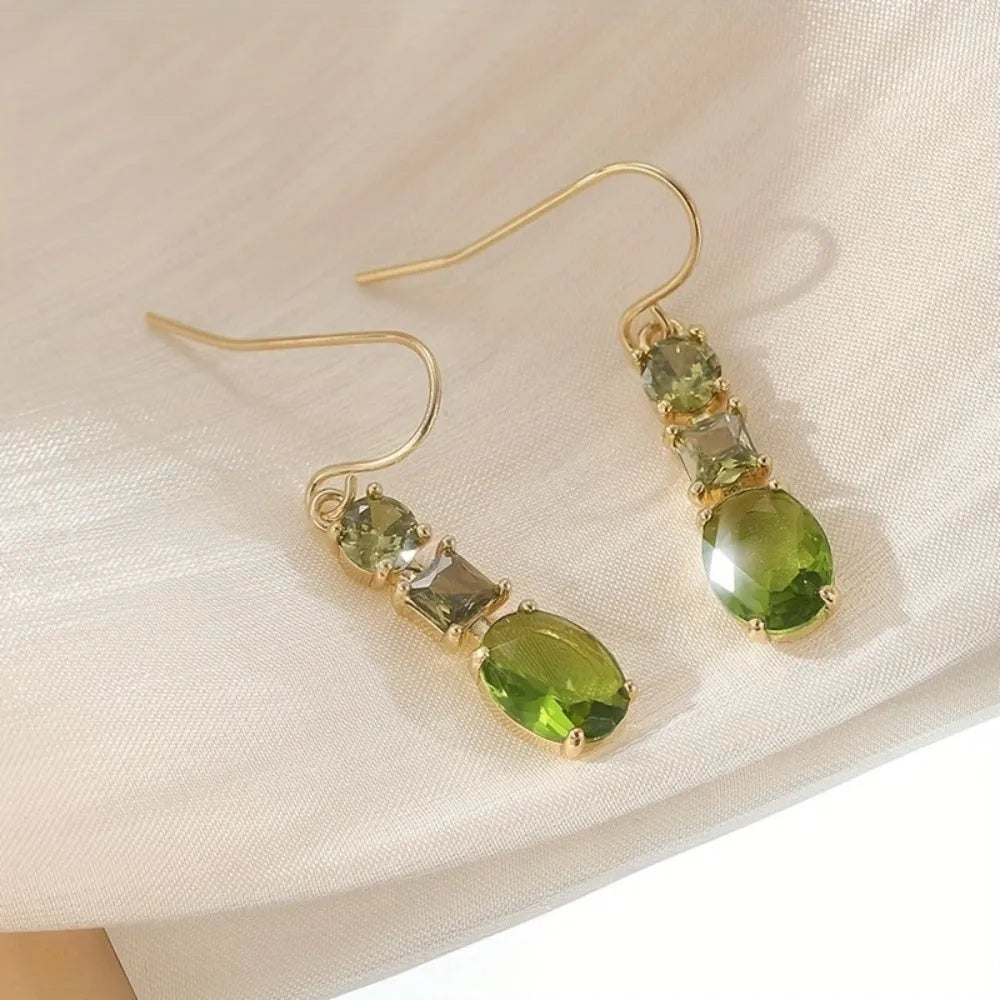 Green geometric copper earrings with quadrilateral shape in retro bohemian style