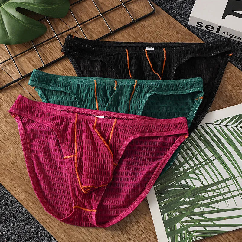 Men's ice silk lace briefs with low waist design in white, black, green, rose red, and light purple colours