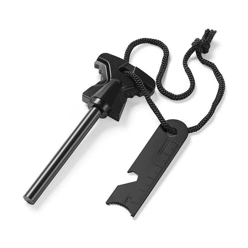Butterfly-shaped ferrocerium fire starter with stainless steel bottle opener survival tool