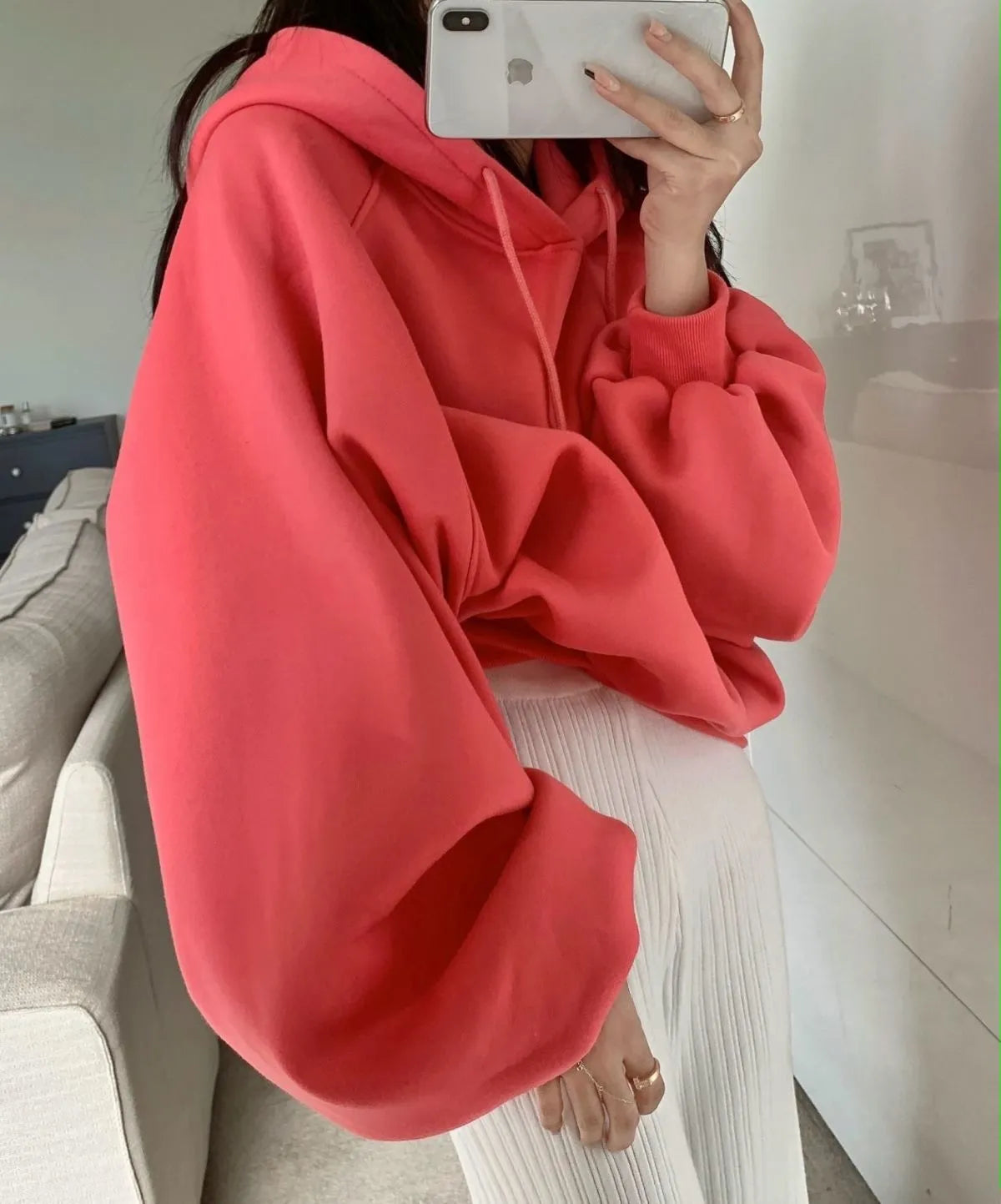 Women's mulberry silk hooded sweater in watermelon red colour with sleeveless loose fit design