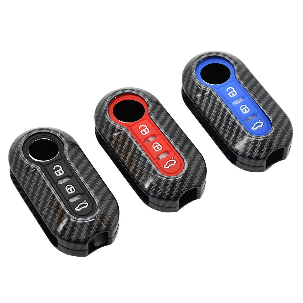 Fiat 500 Boyue Ottimo Viaggio car remote key shell in ABS plastic, shown in black, red, and dark blue colours.