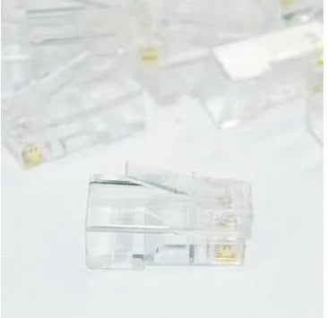 White network modular plug with gold-plated three-fork contacts and unshielded crystal head design