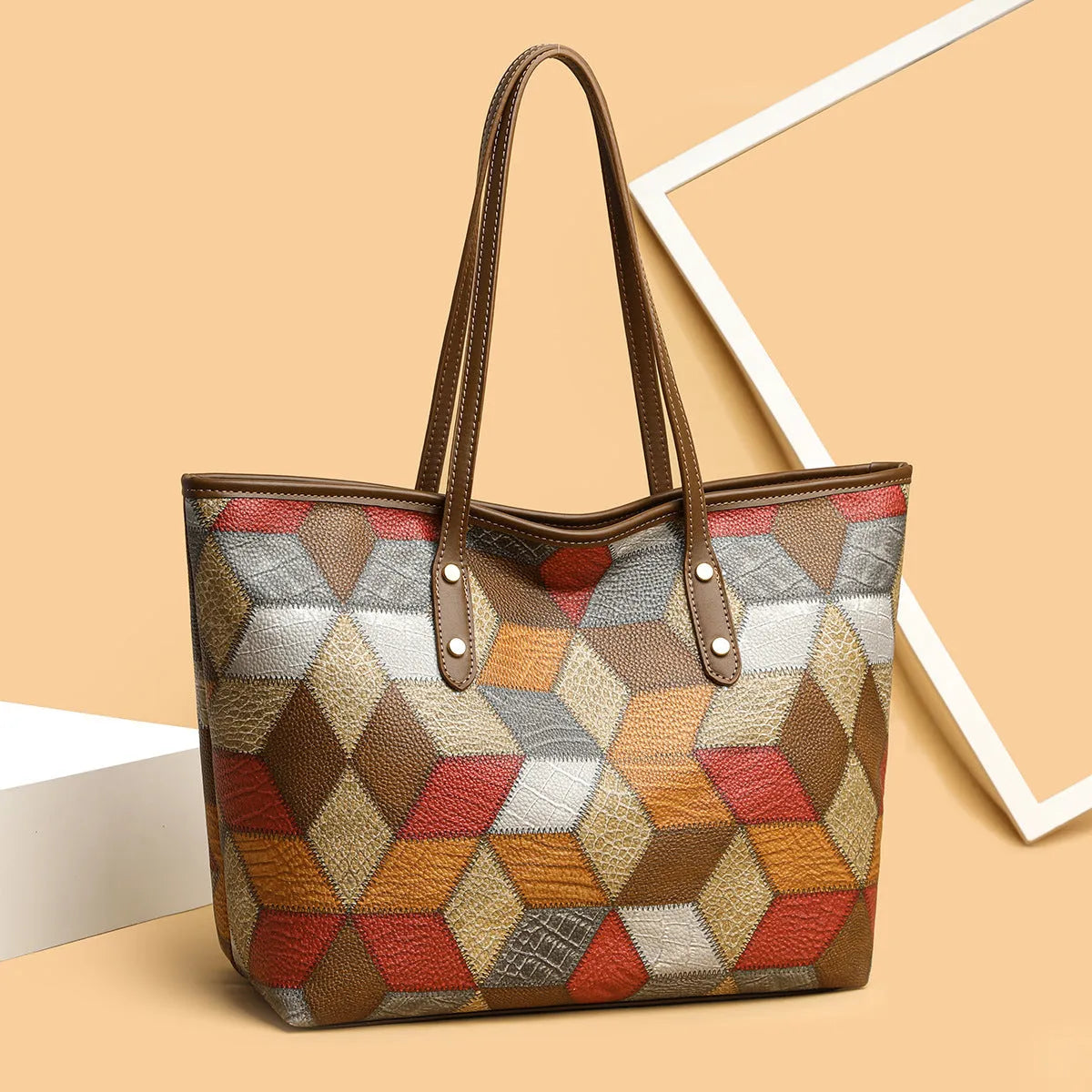 Women's blue brown PVC shoulder bag with sandwich pocket design for business and leisure use