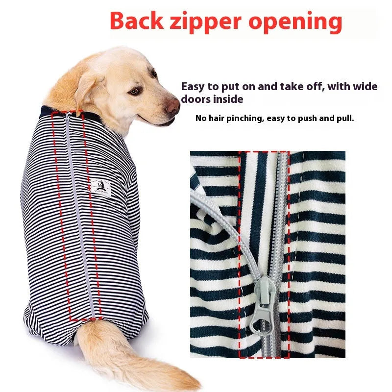 Four-legged striped dog shirt on medium breed dog showing sky blue colour and full leg coverage