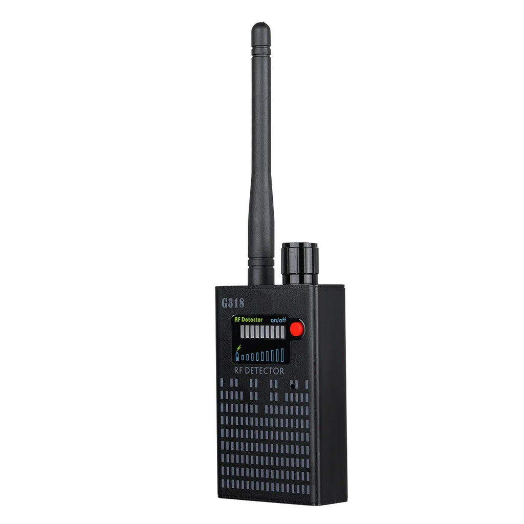 Black G318 anti-camera detector with aluminium alloy housing measuring 102 x 52.5 x 21.5 mm