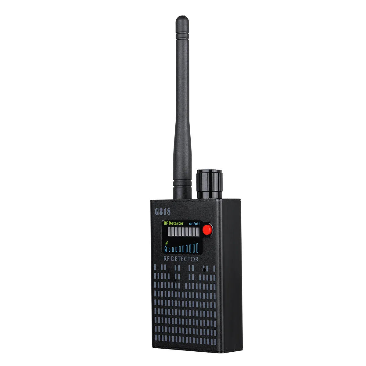 Black G318 anti-camera detector with aluminium alloy housing measuring 102 x 52.5 x 21.5 mm
