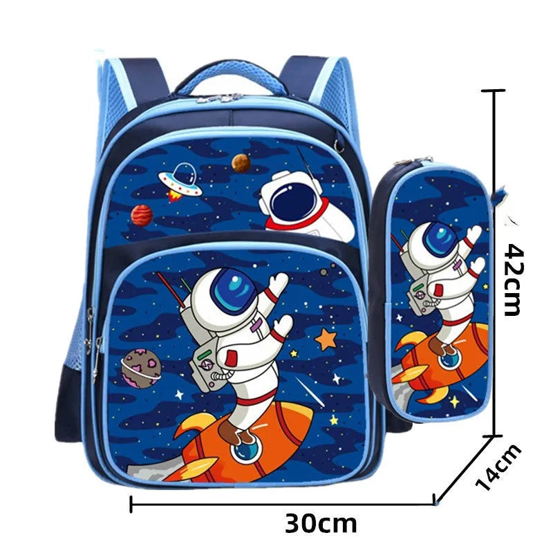 Blue children's anime cartoon backpack with double shoulder straps showing school books inside