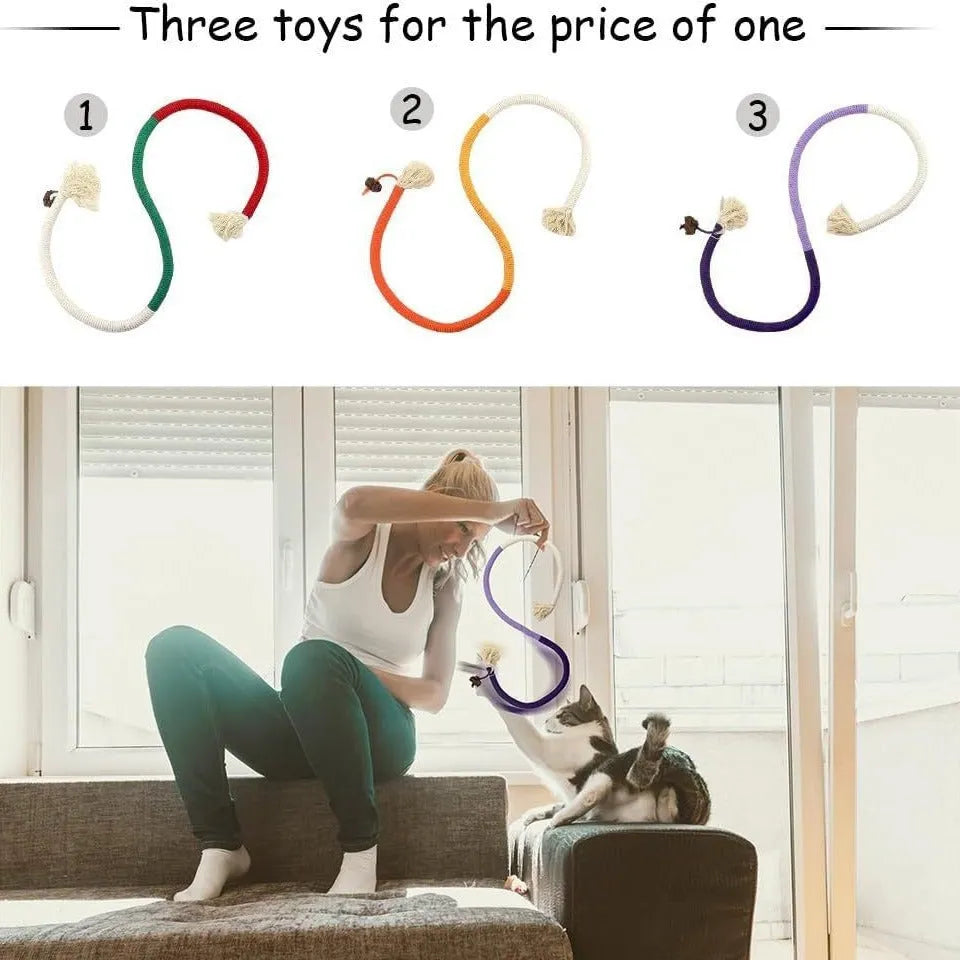 70cm cotton bite rope cat toy in three colour combinations: purple, orange, and red with green