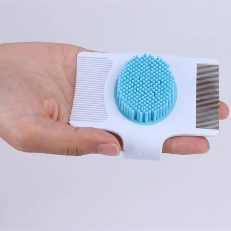 Blue and green multifunctional dog grooming comb with floating hair removal and massage feature