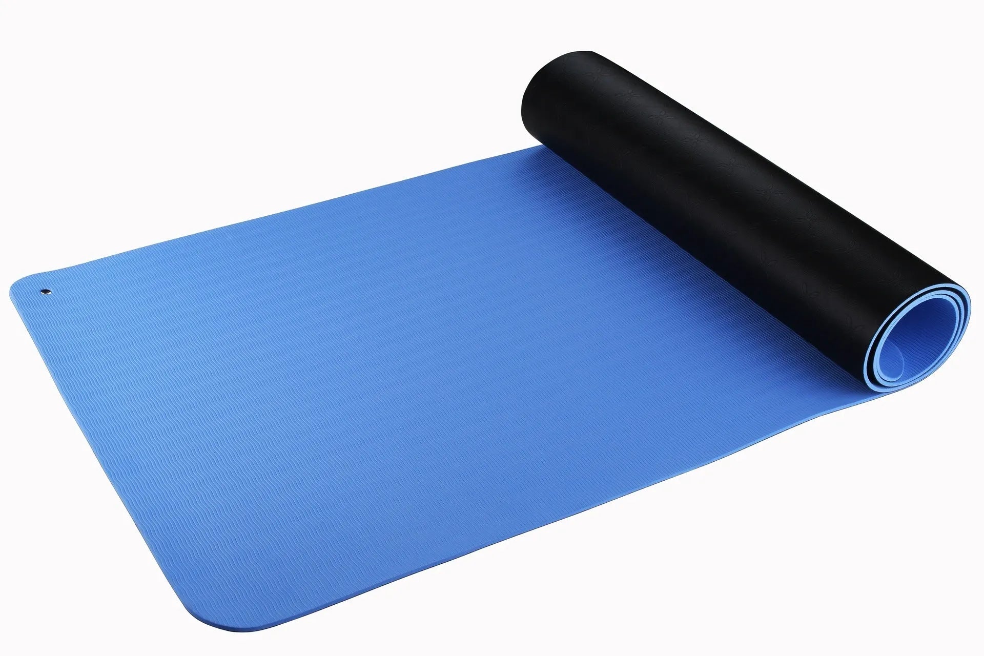 Blue conductive yoga mat with botanical pattern and integrated grounding wire