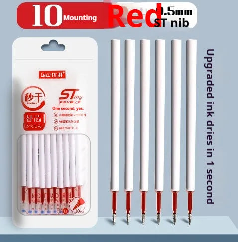 Pack of 10 quick-drying ballpoint pen refills in black, blue, red, and ink blue colours.