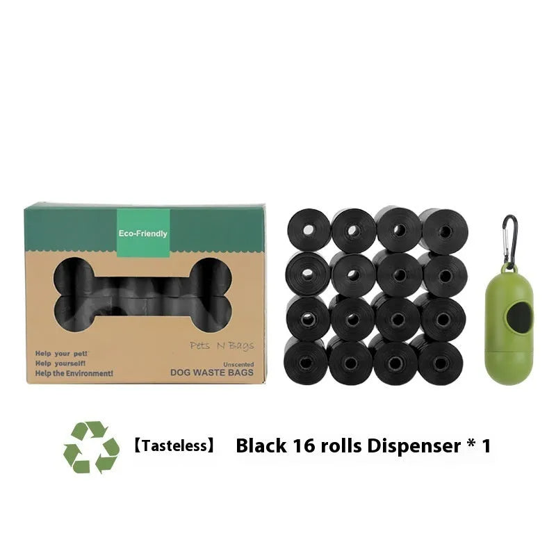 EPI degradable pet waste bags in green, black, blue, purple and orange colours with dispenser