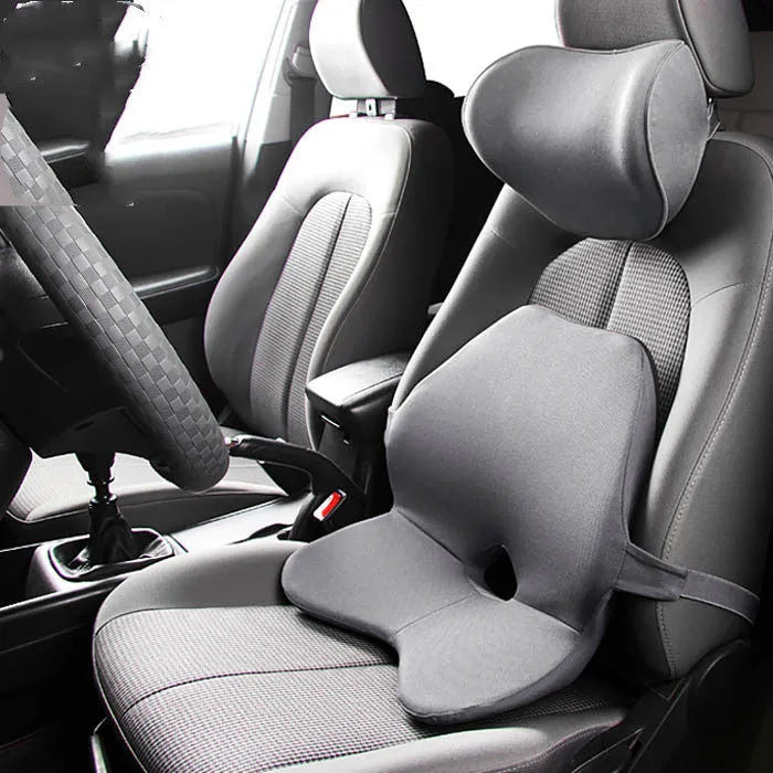 Memory foam car lumbar support cushion and a version with integrated headrest in beige colour.