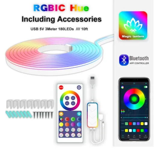 3 metre long RGB neon light strip with remote control showing colour-changing LEDs