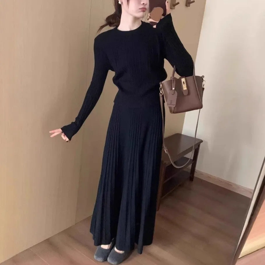 Dark grey ethnic style knitted dress suit with 3D pattern, matching sweater and skirt, collage stitching detail