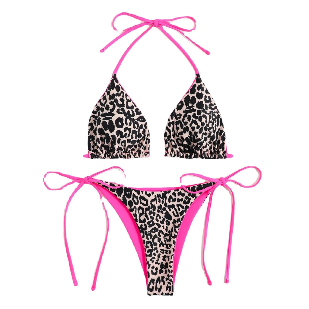 Women's adjustable lace-up triangle bikini set in polyester with tie-side bottoms