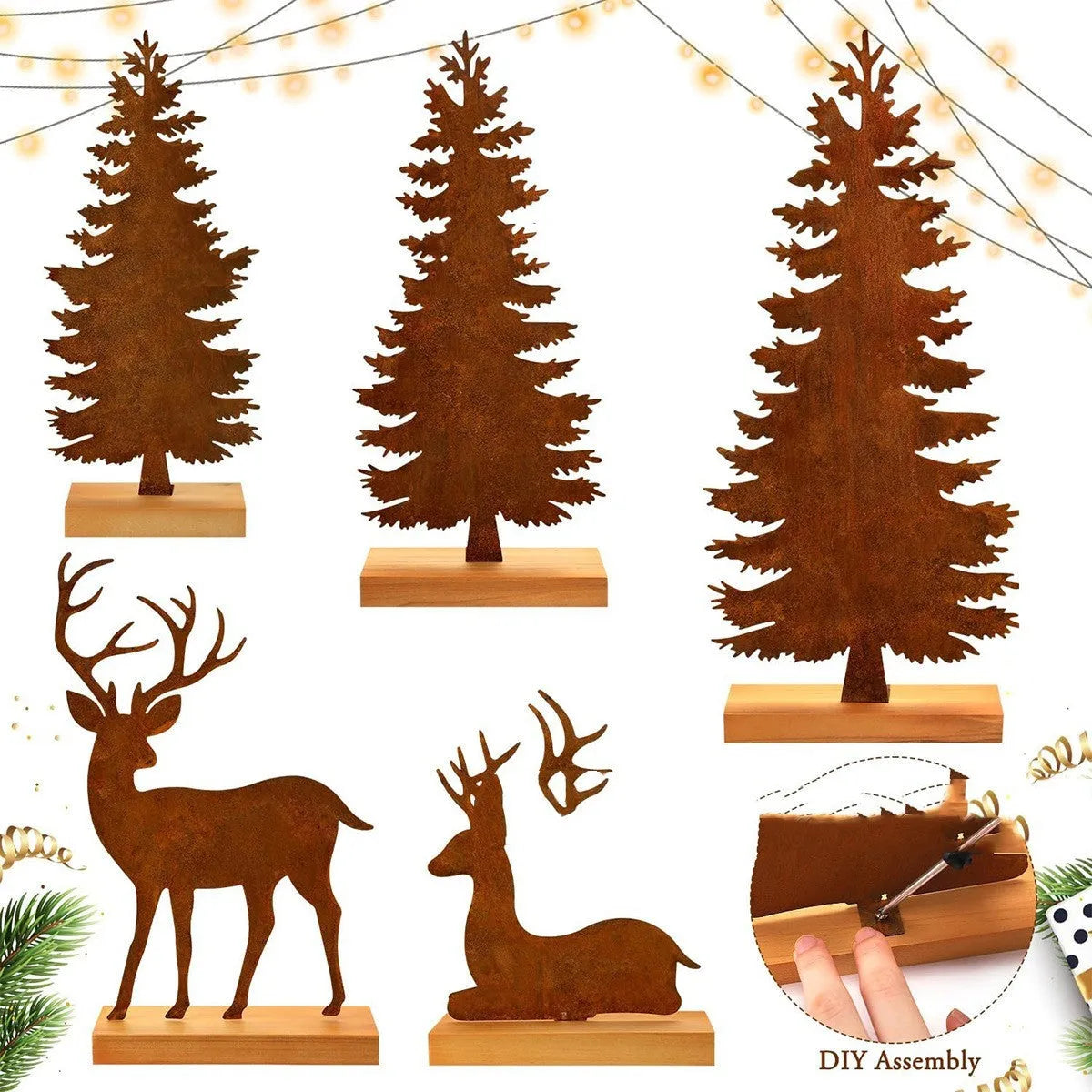 Set of three rusty iron Christmas tree ornaments on a wooden surface
