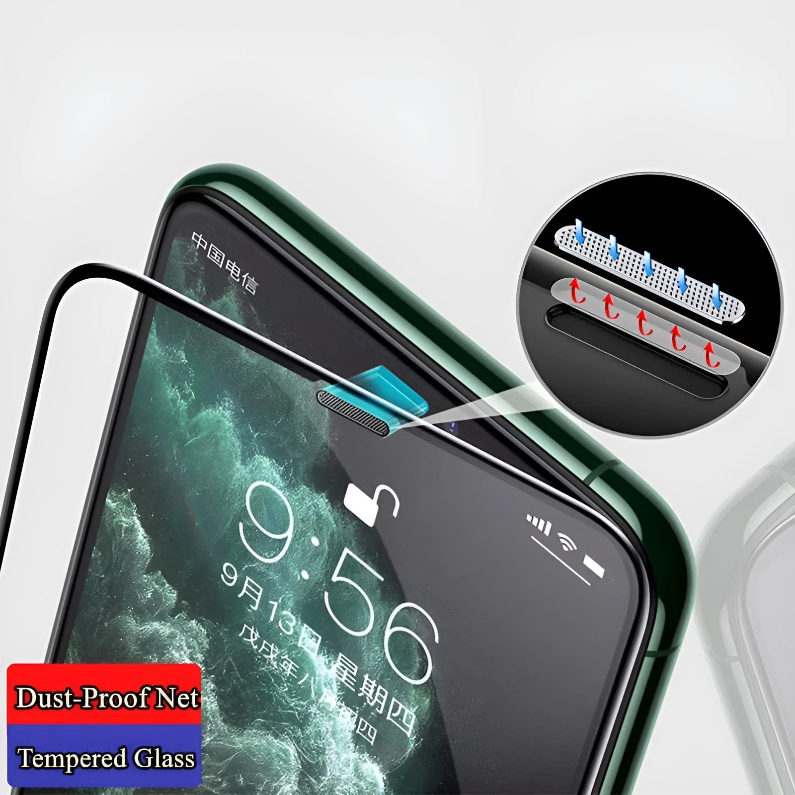 iPhone tempered glass screen protector showing anti-peeping, blue light, and dustproof colour variants