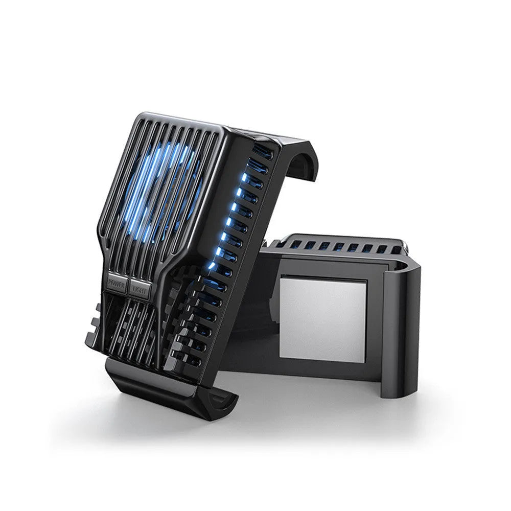 Black mobile phone radiator clip cooler with aluminium heatsink attached to smartphone