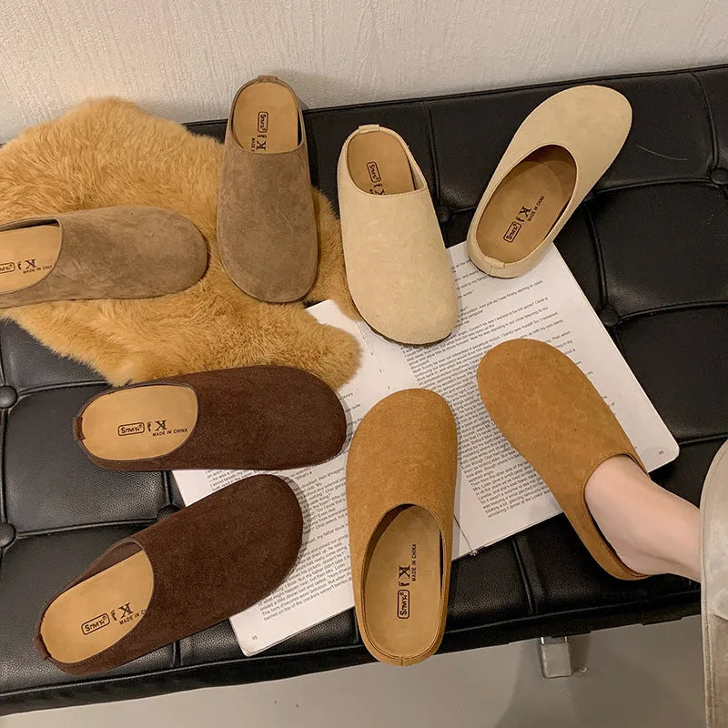 Ugly soft flat Boken slip-on slippers in apricot colour with square toe and microfiber upper