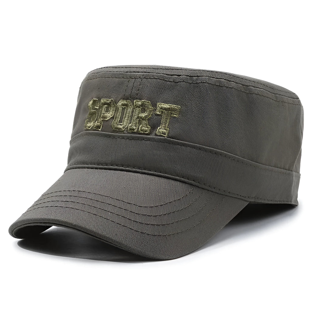 Men's adjustable cotton peaked cap in dome crown style with English letter detailing.
