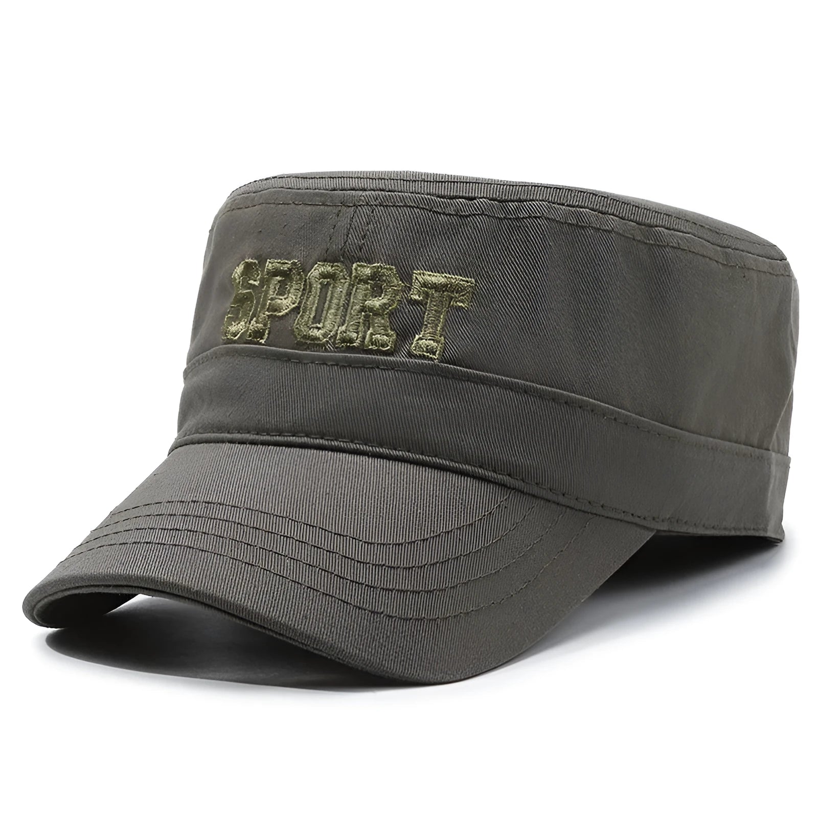 Men's adjustable cotton peaked cap in dome crown style with English letter detailing.