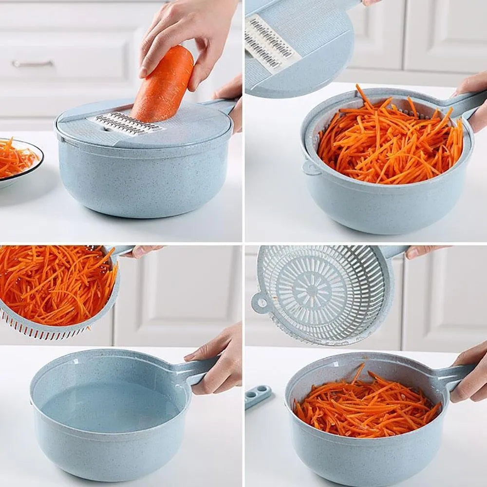 8-in-1 mandoline vegetable slicer with stainless blades, hand guard, and container in blue