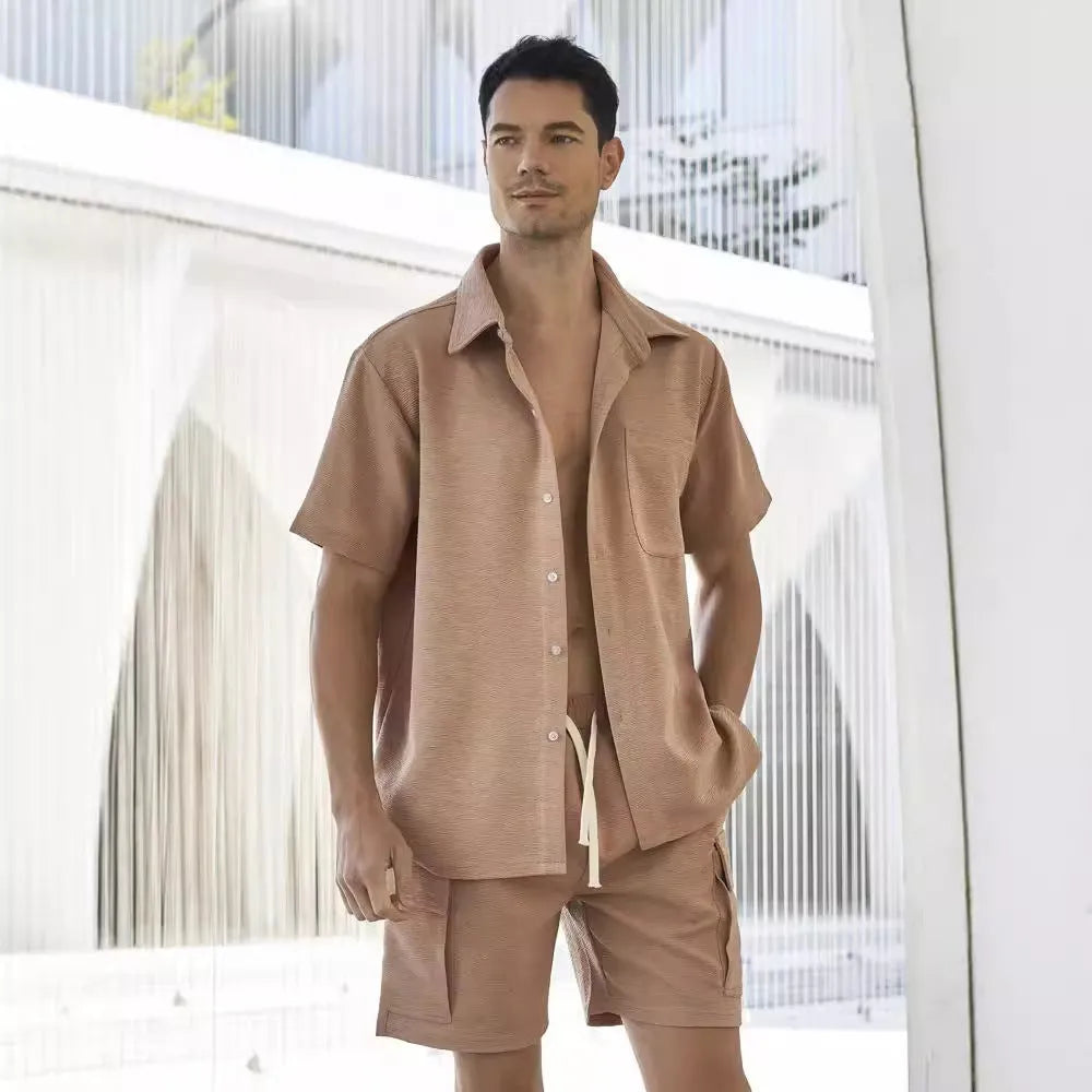 Casual two-piece clothing set with a short sleeve top and elastic waist shorts in beige.