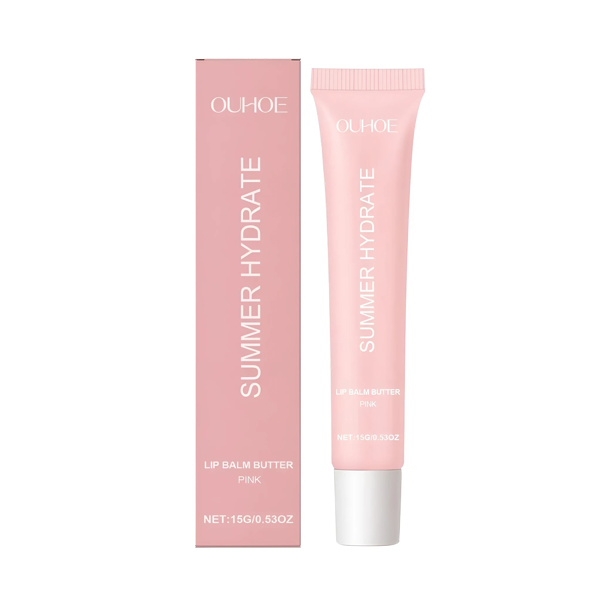 Nude pink shea butter lip balm stick on a white background.