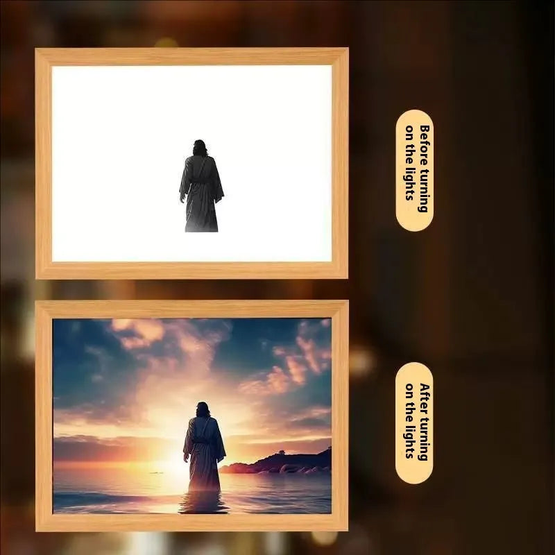 Modern rectangular LED light painting frame showing a sea and home scene on a wall.