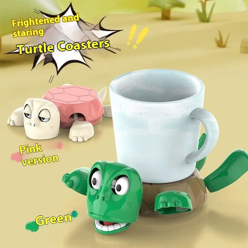 Turtle shaped plastic coaster in green, yellow, and wheat starch colours for heat insulation.