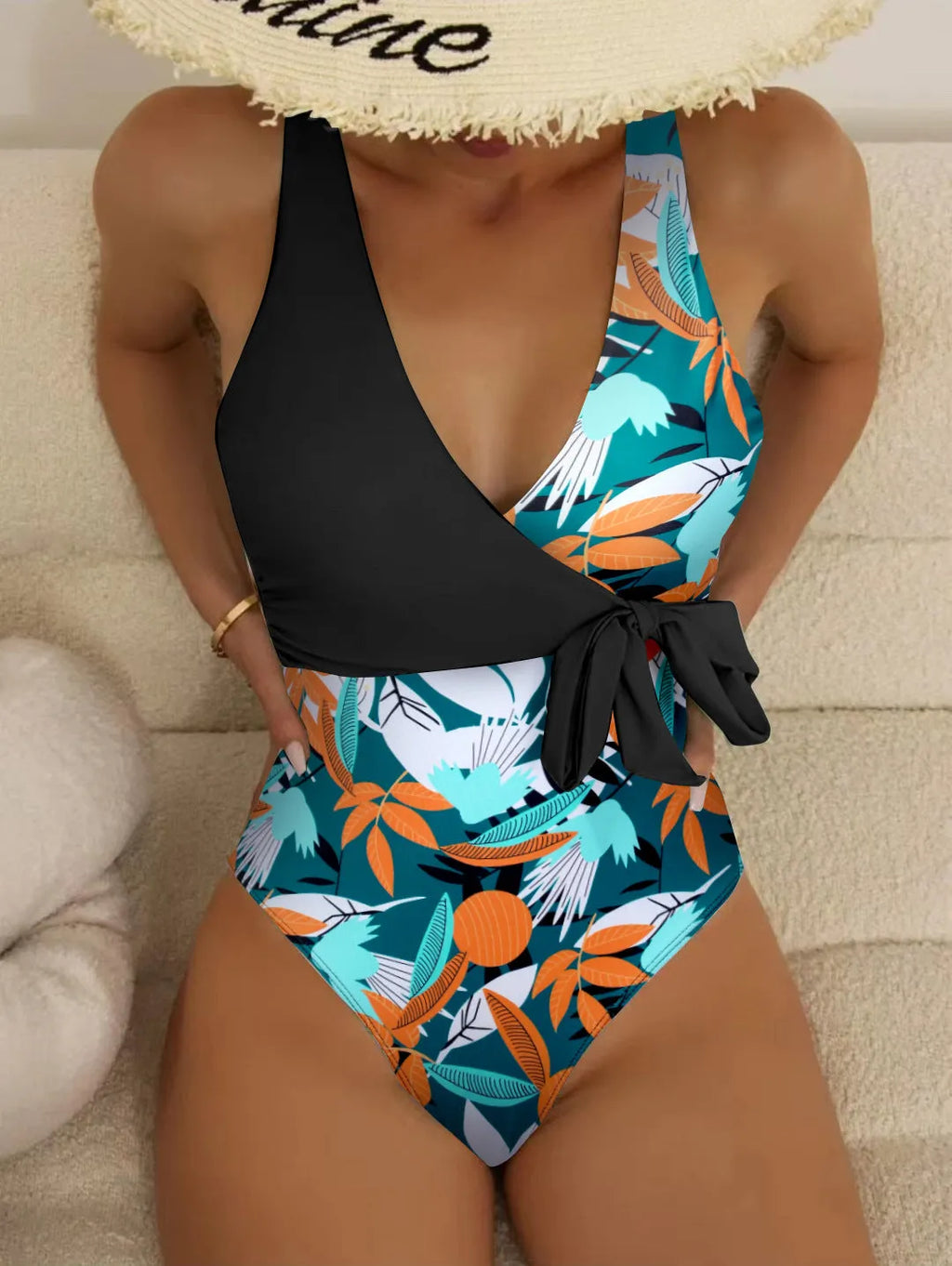 Women's high waist one-piece bikini swimsuit in printed polyester fabric