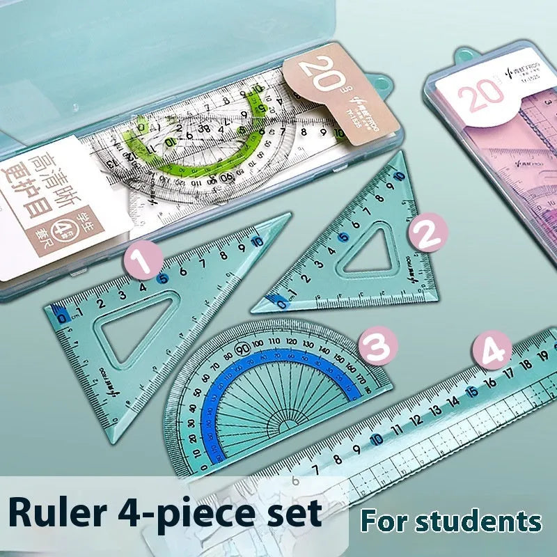 Youpai transparent acrylic four-piece drawing ruler set with square protractor on a white background