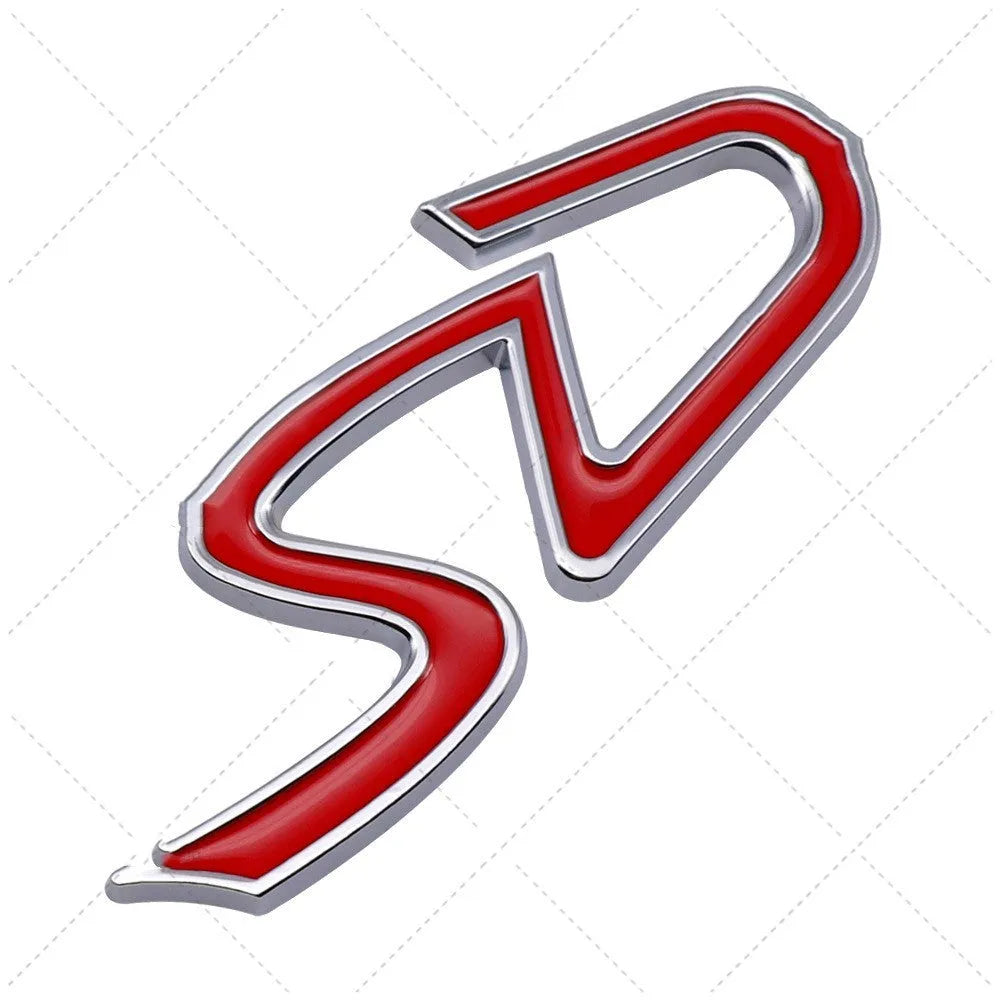 Red and silver metal car bumper sticker with SD pattern design.